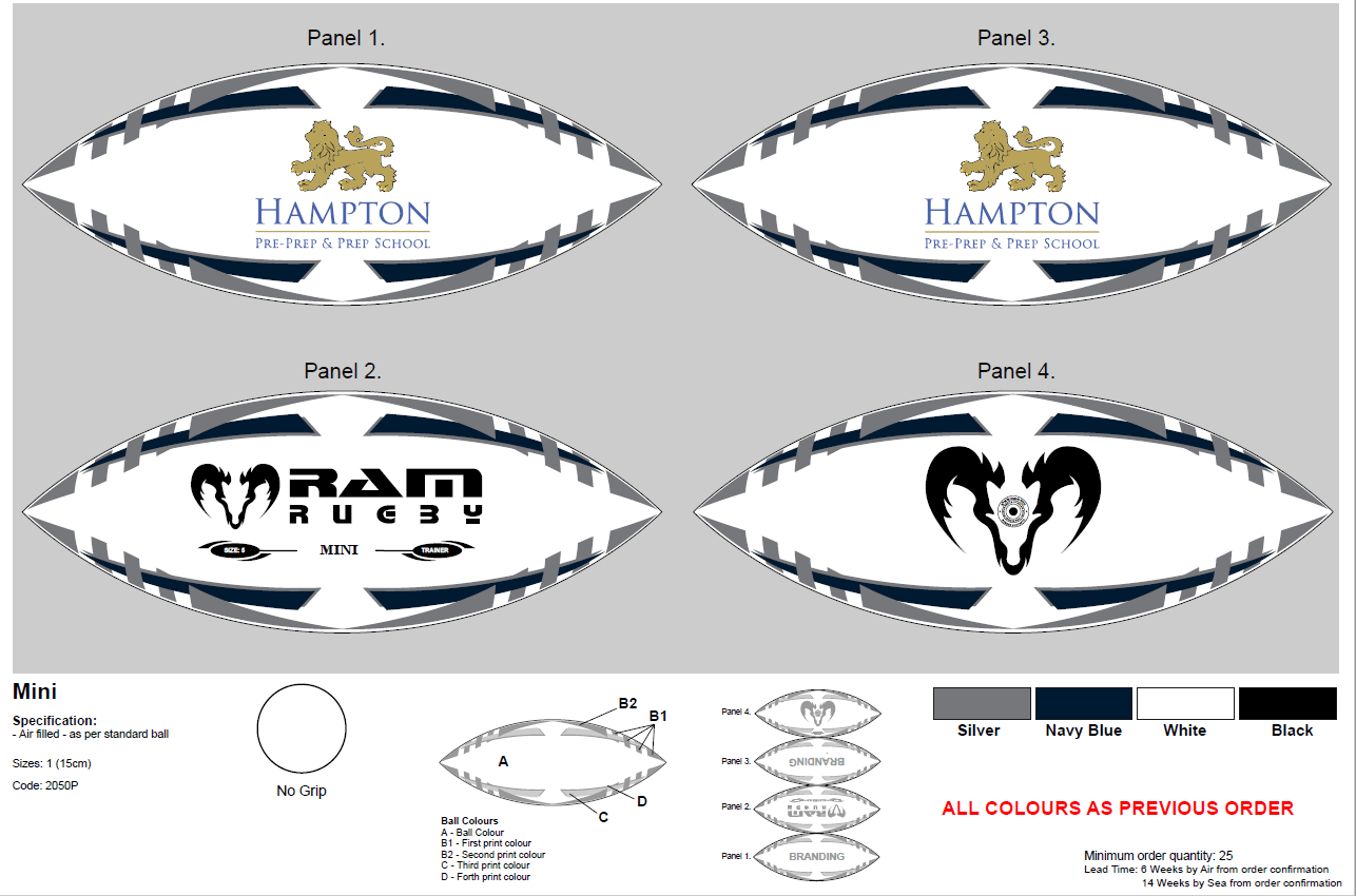 Ram Rugby Custom Mini and Midi printed rugby balls with colorful logos, ideal for clubs, schools, and promotional gifts