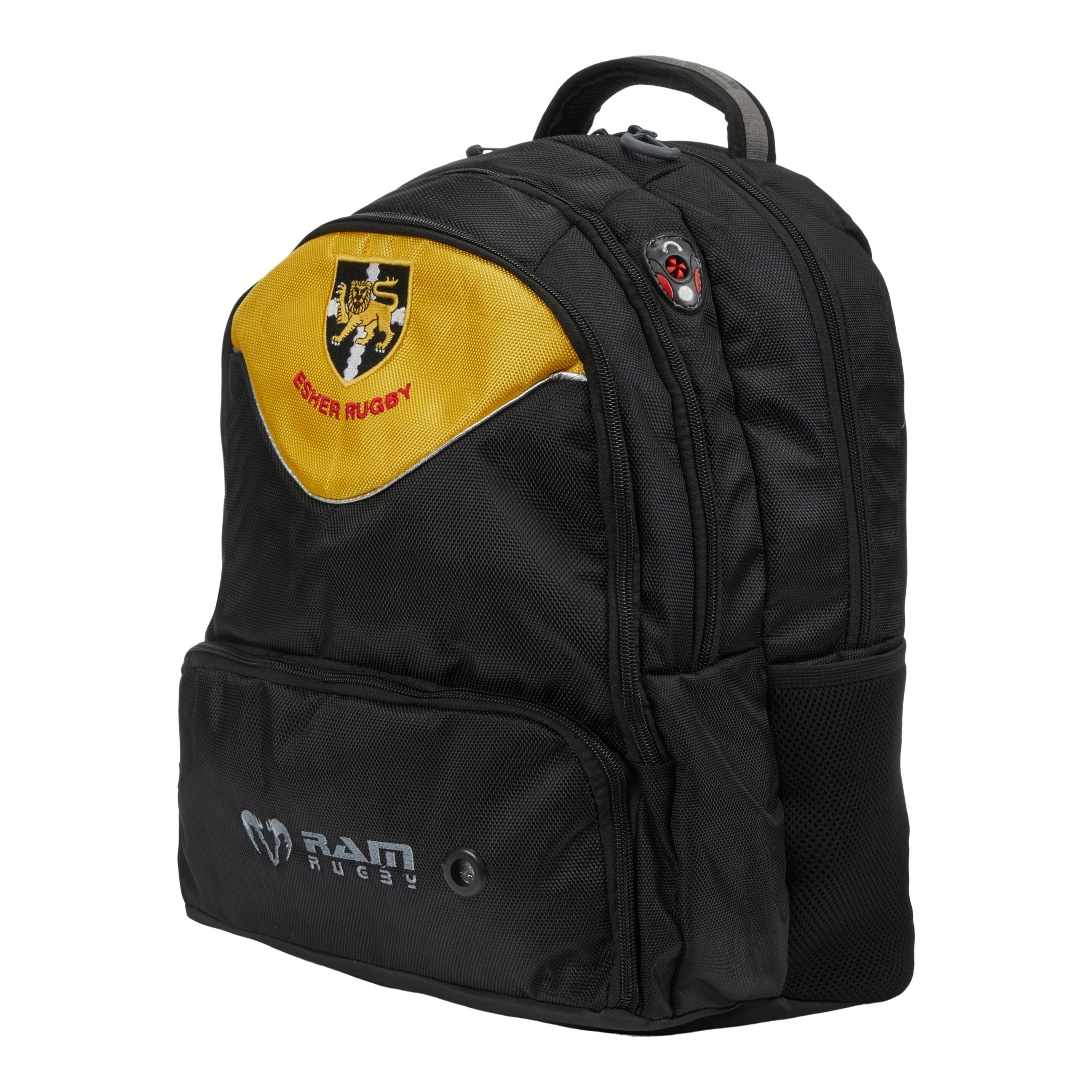 Ram Rugby Custom Ruck Sack Kit Bag in black Tetron with padded straps, embroidered logo, and bottle holder, size Senior 44