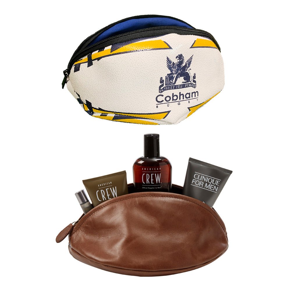 Ram Rugby custom wash bag for size 5 rugby ball in vintage leather with waterproof outer and internal zipped pocket.