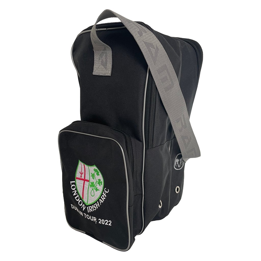 Ram Rugby Custom rugby boot bag in black Tetron fabric with embroidered logo, durable design and dual compartments for storage