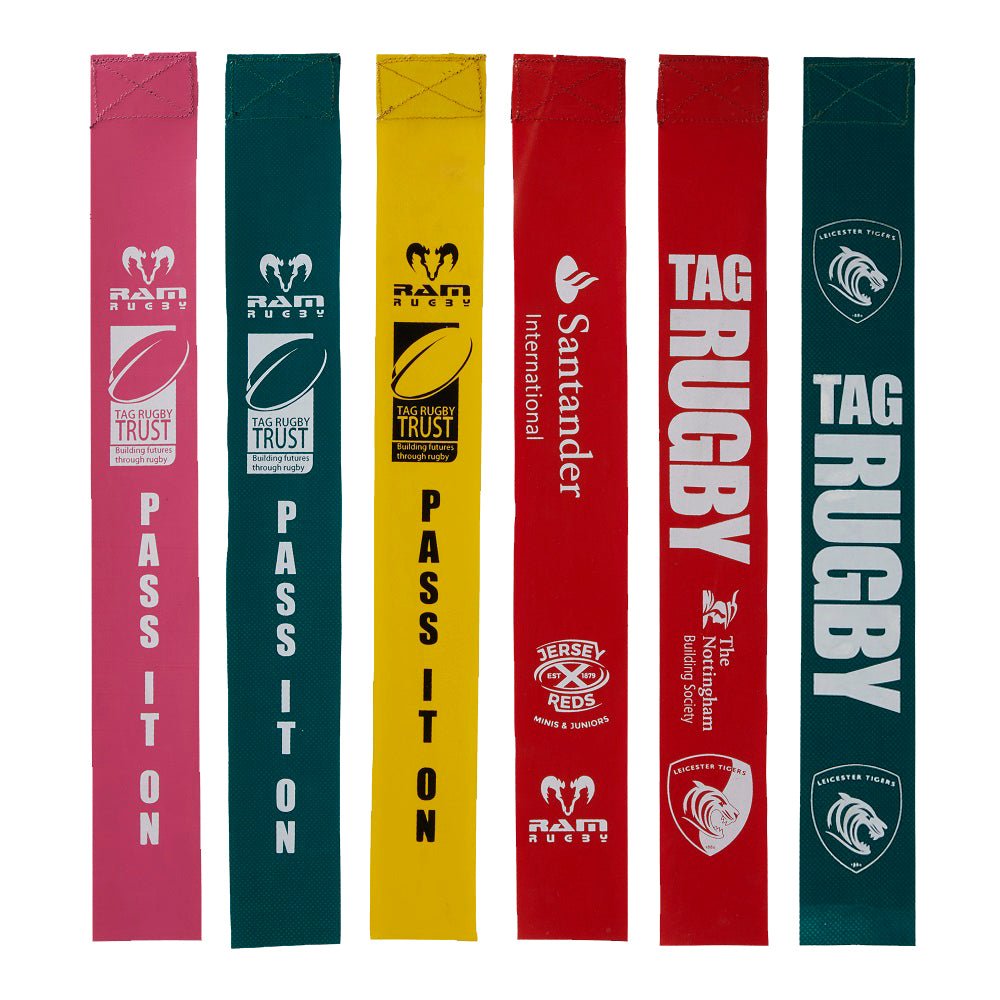 Ram Rugby custom PVC tag rugby belt set in vibrant blue with printed logo, durable material for club or sponsor branding