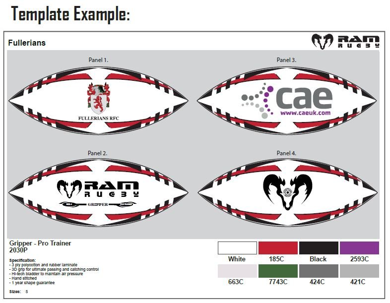 Ram Rugby custom printed training balls in vibrant colors with personalized club logos for professional rugby practice sessions