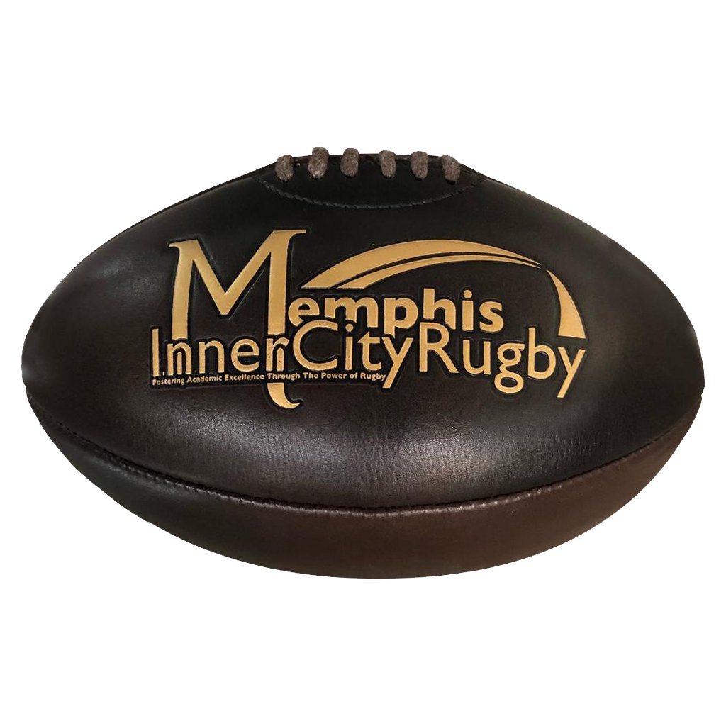 Ram Rugby Custom Vintage Heritage Leather Rugby Ball Size 5 showing detailed close-up stitching and authentic vintage design on brown leather