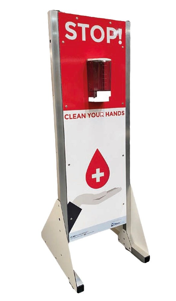 Ram Rugby free standing hand sanitiser station with 1L manual gel dispenser, aluminium Dibond frame, and refill window