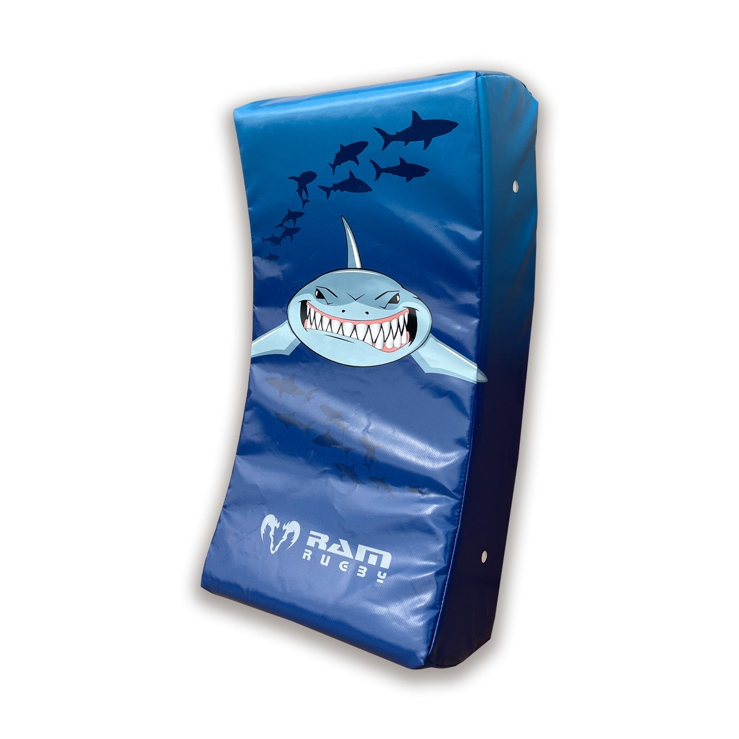 Ram Rugby Animal Design Curve Hit Shield in black and orange, showing curved contact pad for versatile rugby training drills