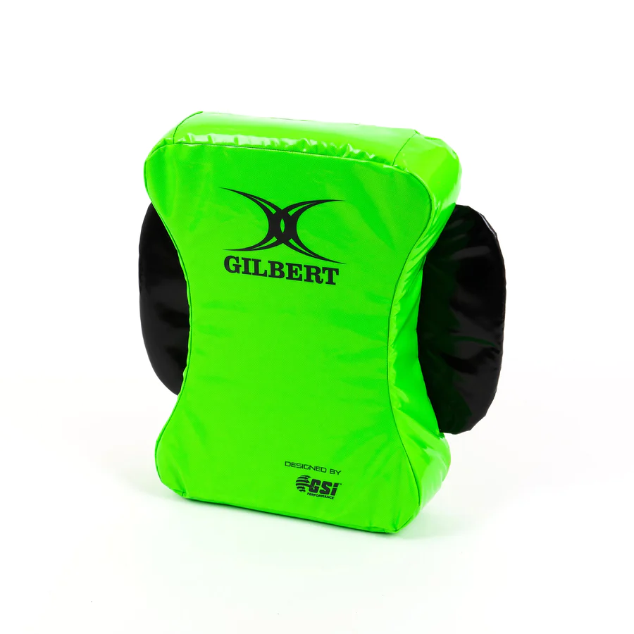 Gilbert Arrowhead Contact Shield by Ram Rugby EU in black and yellow, rugby tackle training hit shield for collision drills