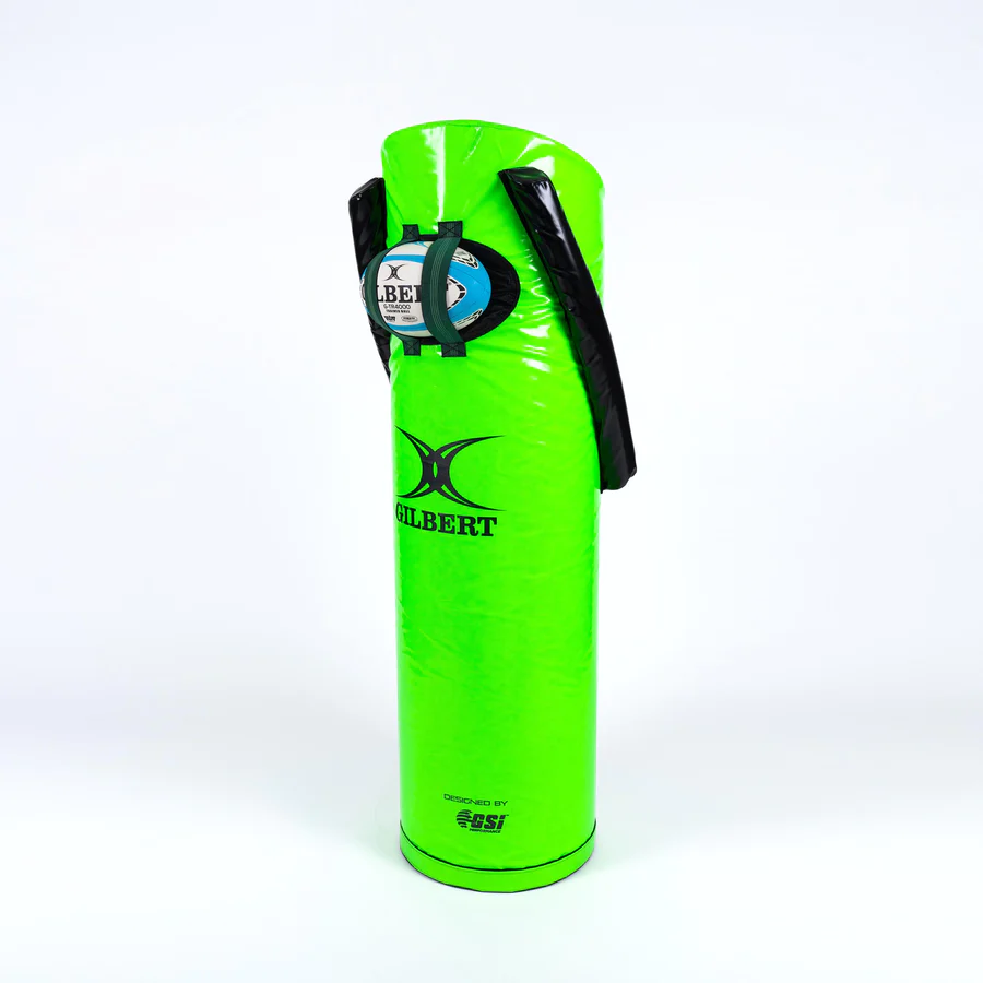 Gilbert Multi-Skills Tackle Bag by Ram Rugby EU shown with detailed breakdown and jackal training features in blue and black.