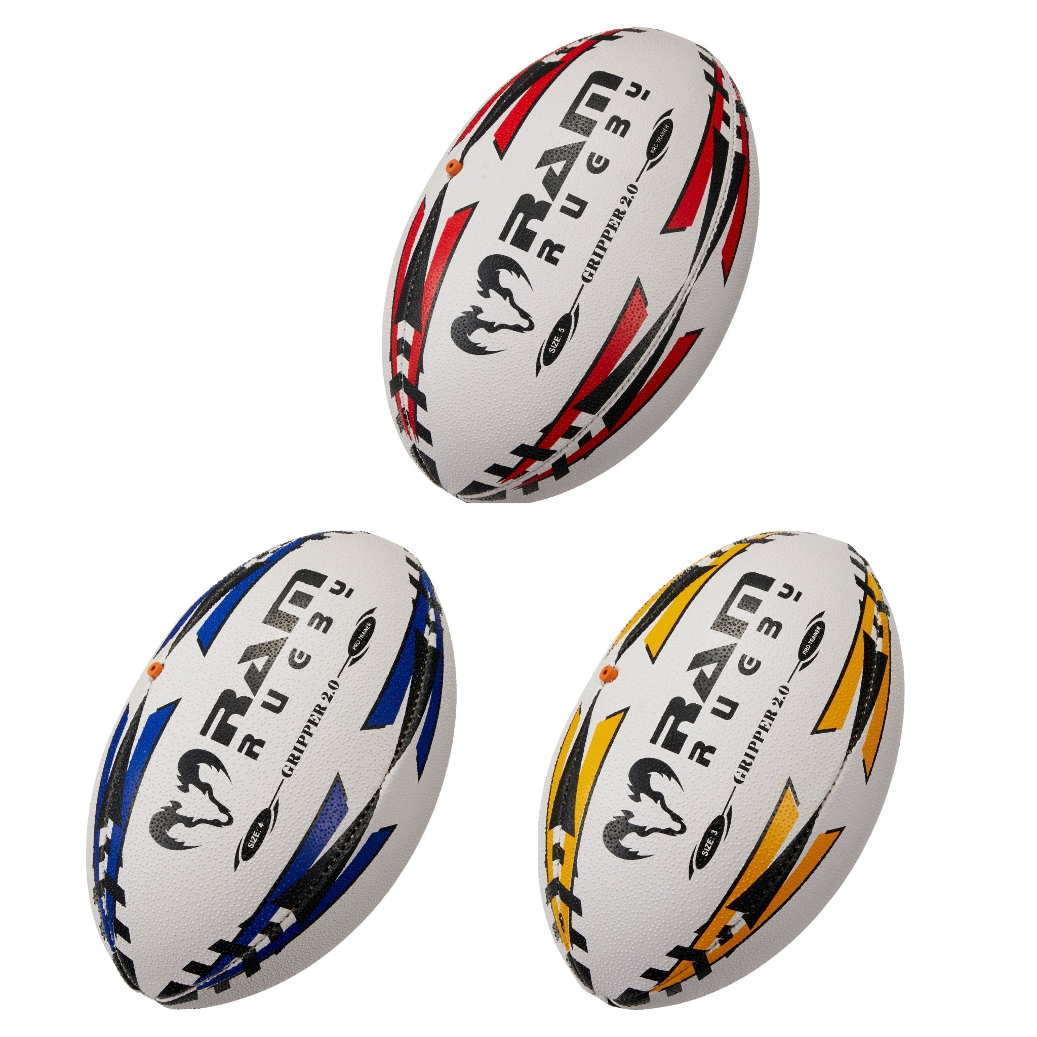 Ram Rugby Gripper 2.0 Pro Trainer Ball in white with 3D grip texture, designed for durable junior rugby training sessions