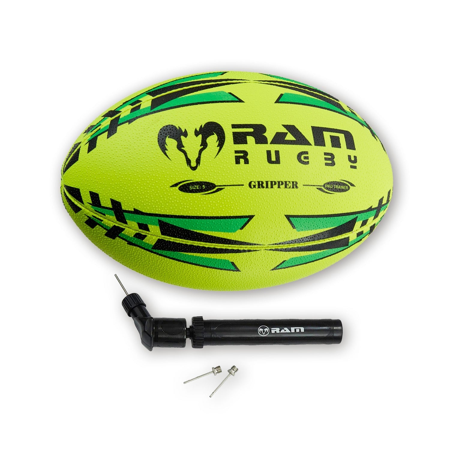 Ram Rugby Gripper 2.0 Neon Pro Trainer Ball showing 3D grip texture and durable rubber laminate for junior training sessions