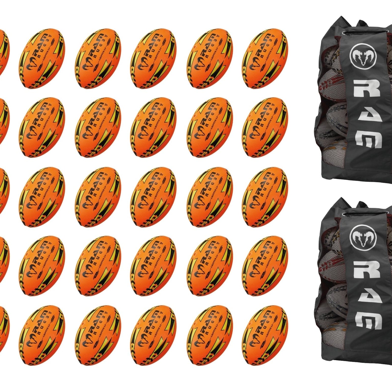 Stack of 30 Ram Rugby Gripper 2.0 Pro Trainer Neon Balls in yellow, orange, and green with two breathable carrying bags