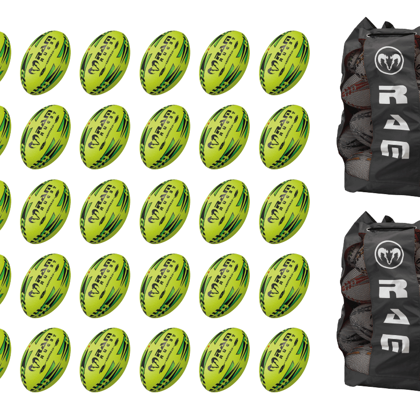 Stack of 30 neon yellow, orange, and green Ram Rugby Gripper 2.0 Pro Trainer balls with two black mesh storage bags