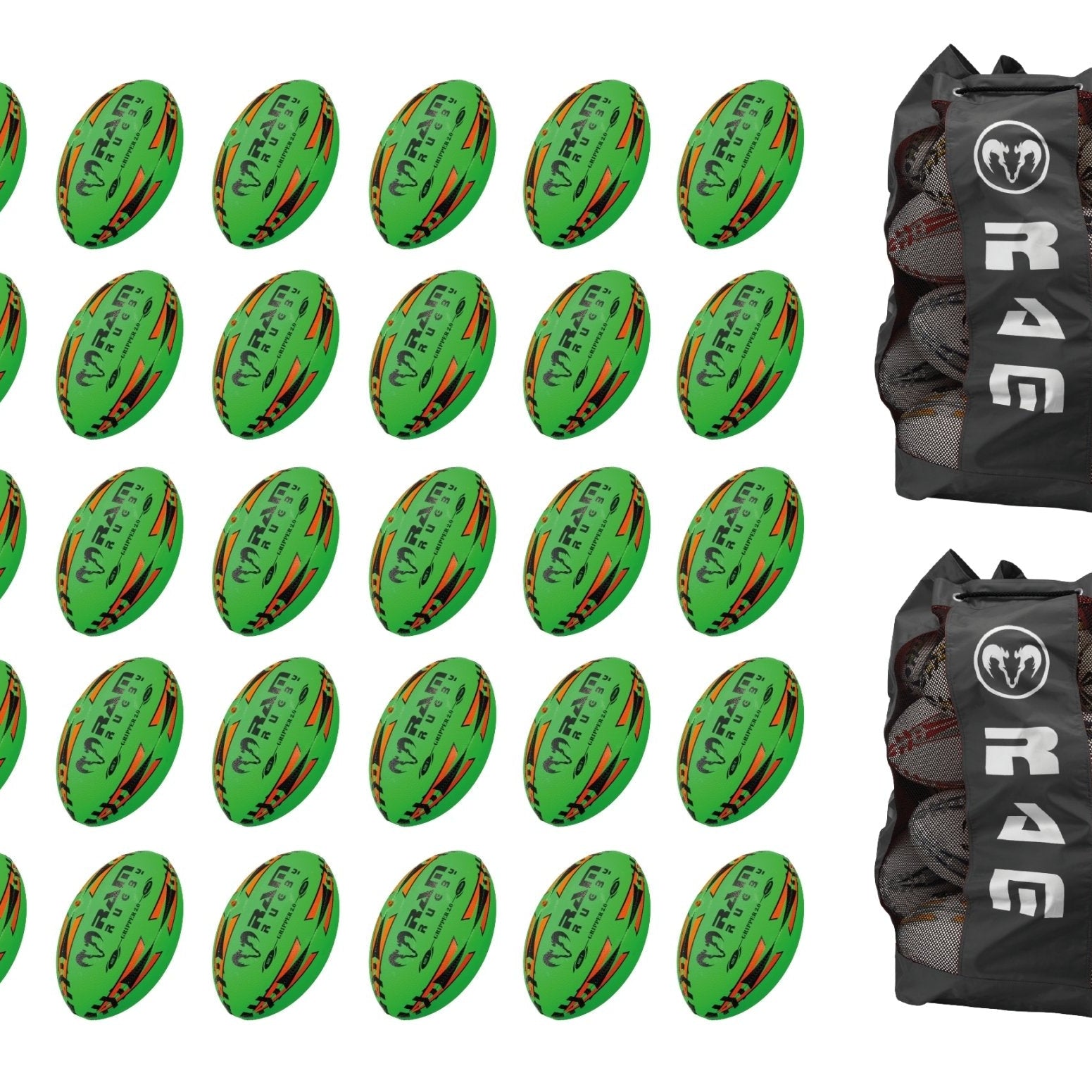 Stack of neon yellow, orange, and green Ram Rugby Gripper 2.0 Pro Trainer balls with two breathable storage bags for training