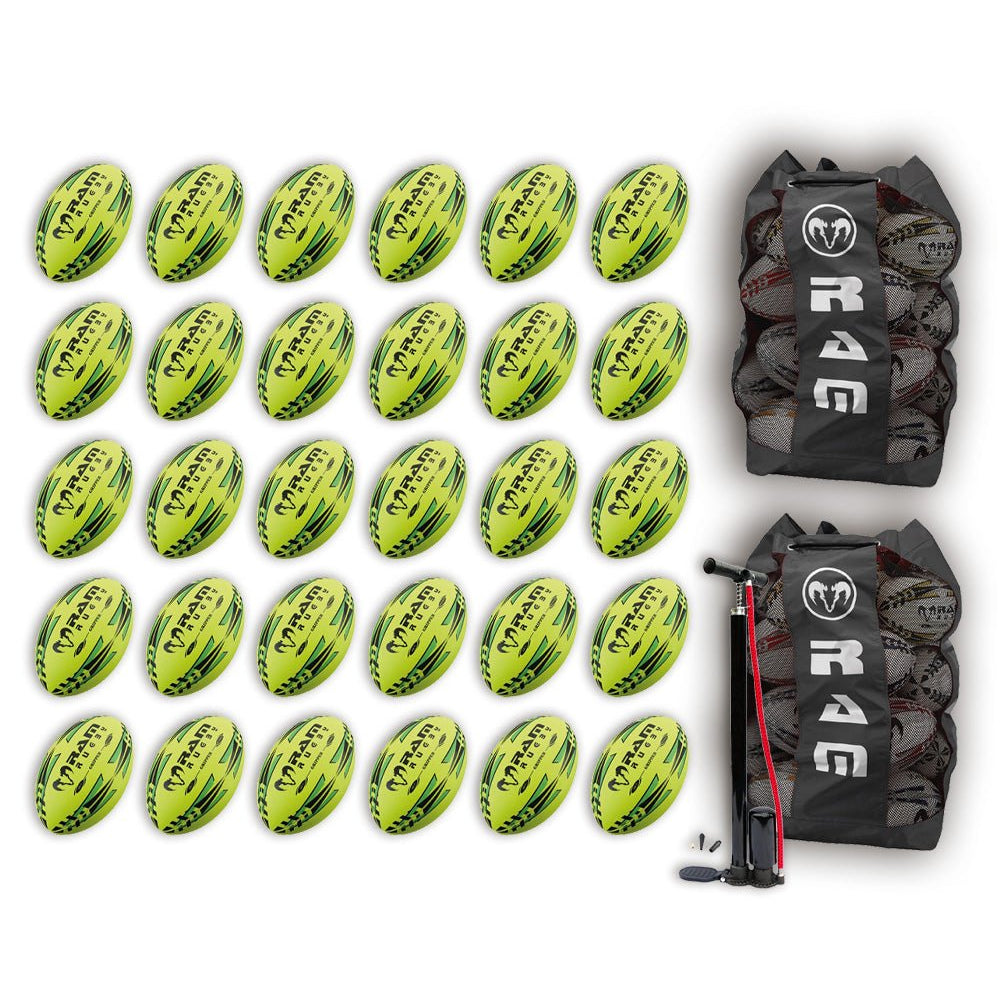 Stack of neon yellow, orange, and green Ram Rugby Gripper 2.0 Pro Trainer balls with two breathable storage bags included