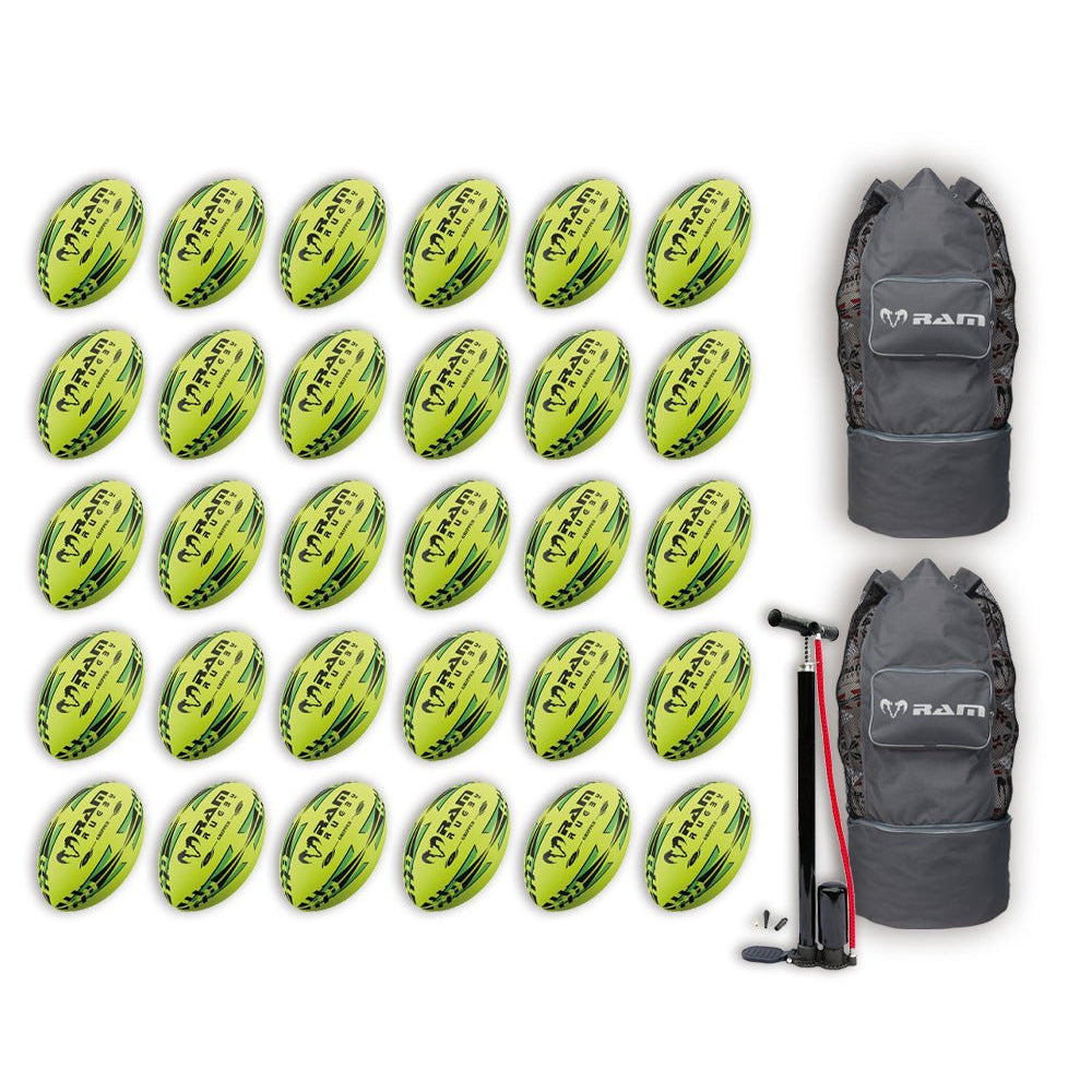 Thirty Ram Rugby Gripper 2.0 Pro Trainer neon yellow, orange, and green rugby balls stacked with two breathable bags.