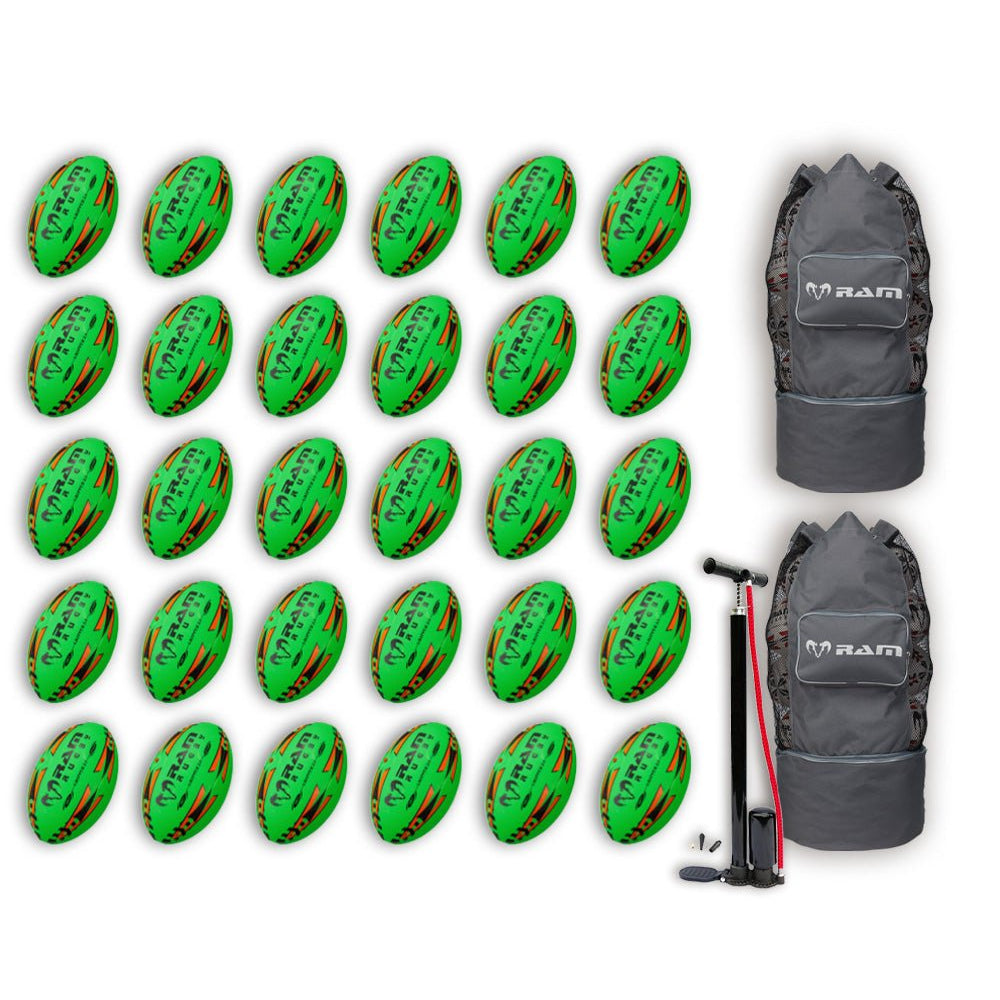 Ram Rugby Gripper 2.0 Pro Trainer neon yellow, orange, and green rugby balls stacked with two black breathable ball bags.
