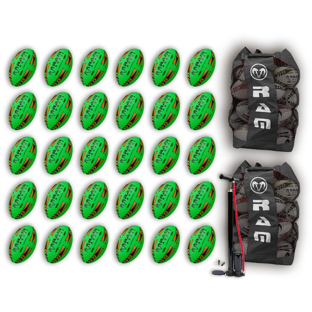 Stack of 30 Ram Rugby Gripper 2.0 Pro Trainer neon yellow, orange, and green rugby balls bundled with two breathable storage bags