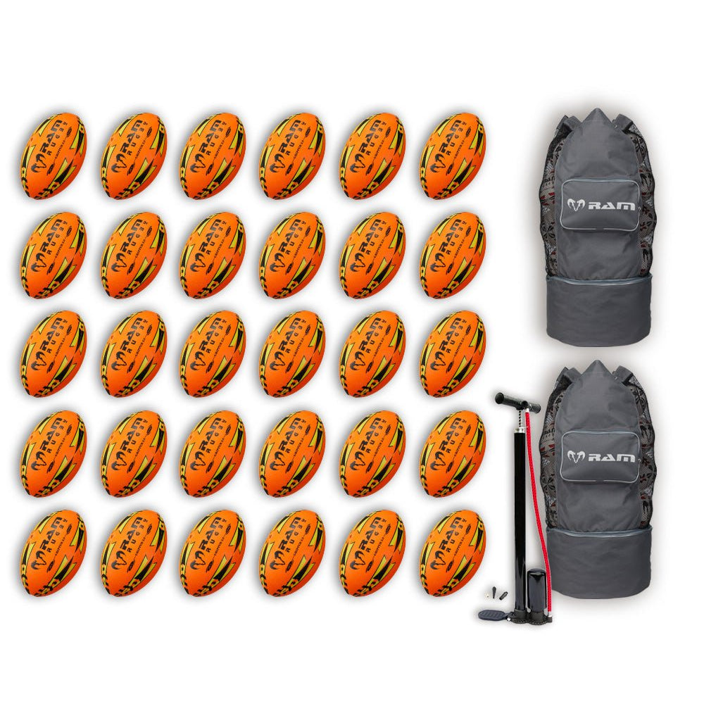 Stack of Ram Rugby Gripper 2.0 Pro Trainer Neon Balls in yellow, orange, and green with two black breathable storage bags