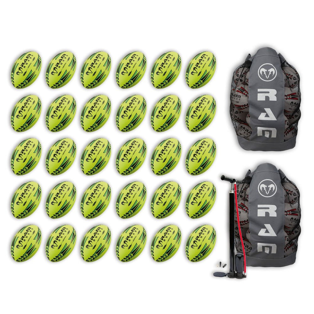 Stacked Ram Rugby Gripper 2.0 Pro Trainer neon rugby balls in yellow, orange, and green with two breathable storage bags