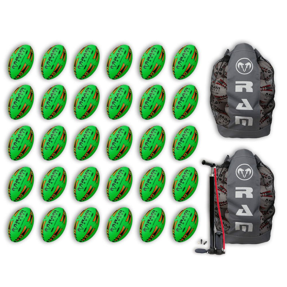 Thirty Ram Rugby Gripper 2.0 Pro Trainer Neon Rugby Balls in yellow, orange, and green with two breathable storage bags.