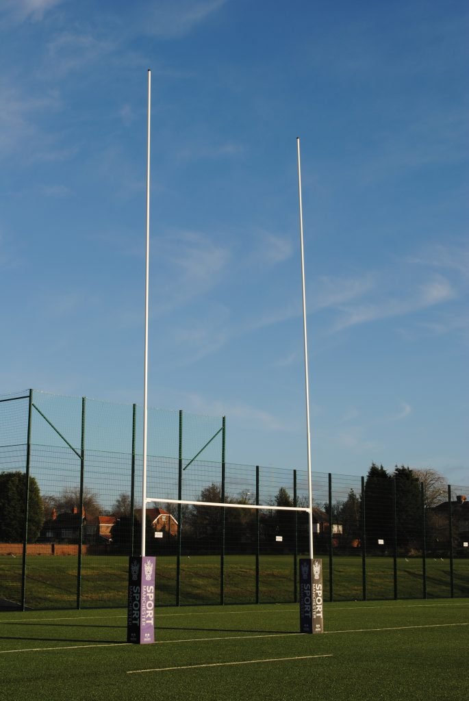 Ram Rugby 17m white aluminium hinged rugby goal posts with three-piece uprights and crossbars for durable stability