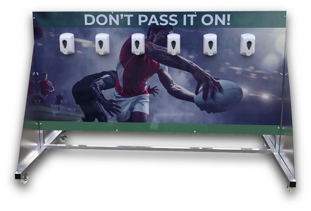 Ram Rugby Large Portable Free Standing Hand Sanitiser Station with ten 1L dispensers, aluminum frame, and lockable wheels