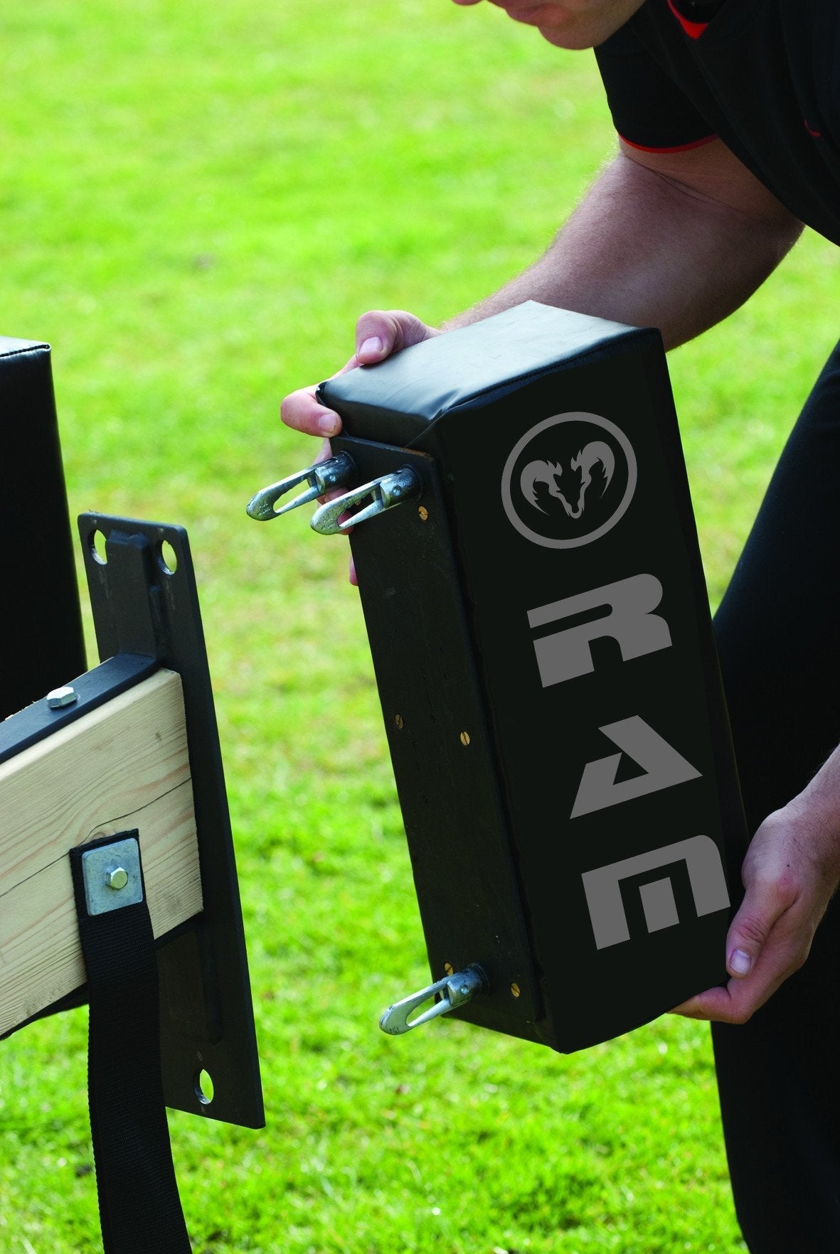 Ram Rugby Low One Scrum Machine with sturdy padded frame and wheels for rugby training and elite team scrummaging practice