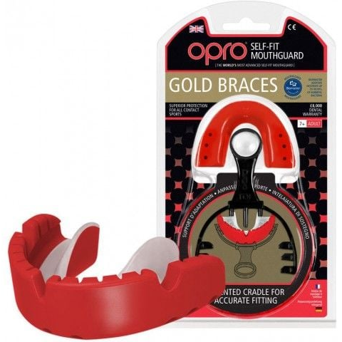 OPRO Rugby Gold Mouthguard Gen 3.0 in clear gold, self-fitting design with patented fins for braces protection and comfort
