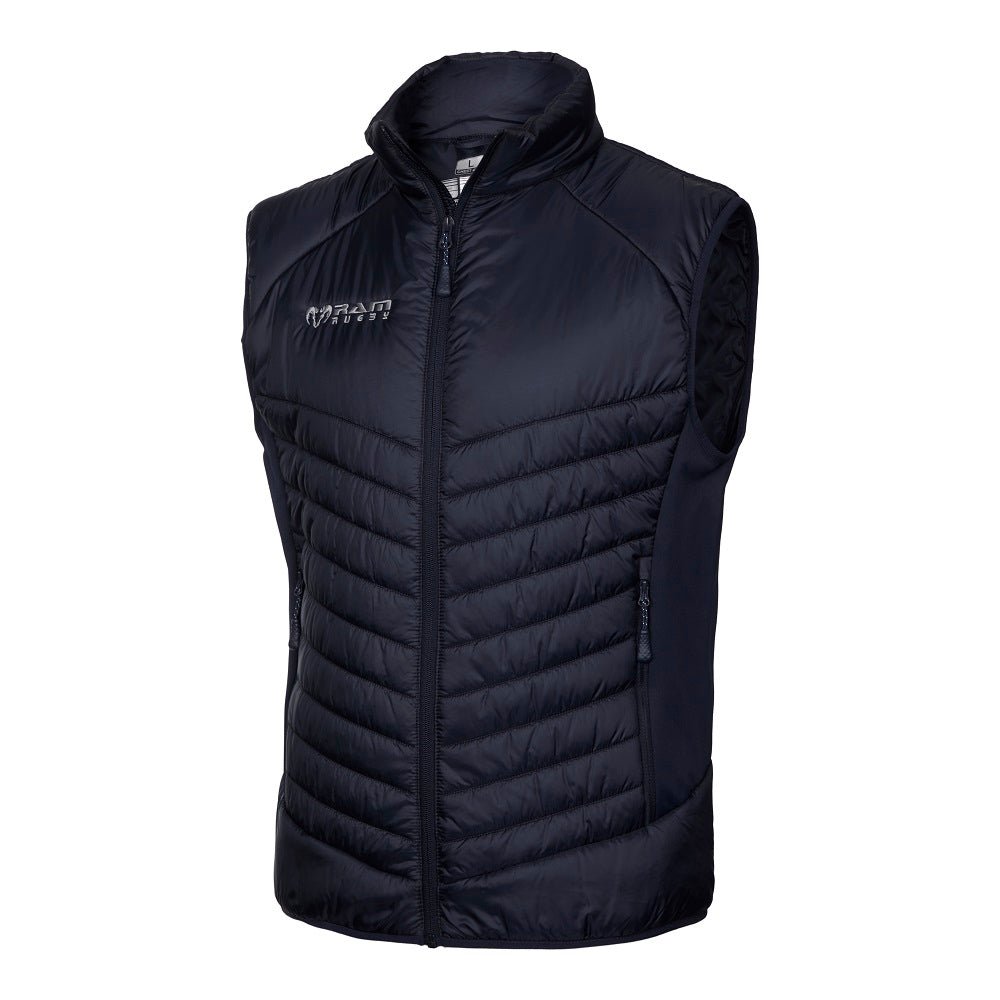 Ram Rugby showerproof padded gilet in black with 160gsm insulation and stretch polyester panels for flexible warmth