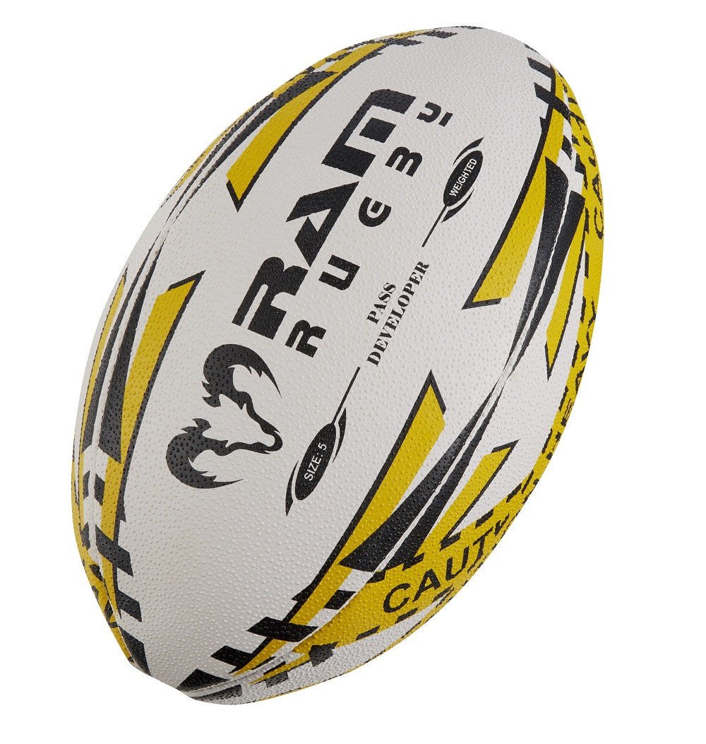 Ram Rugby Pass Developer weighted training ball in durable 5-ply cotton canvas with 3D grip, designed to improve rugby passing skills