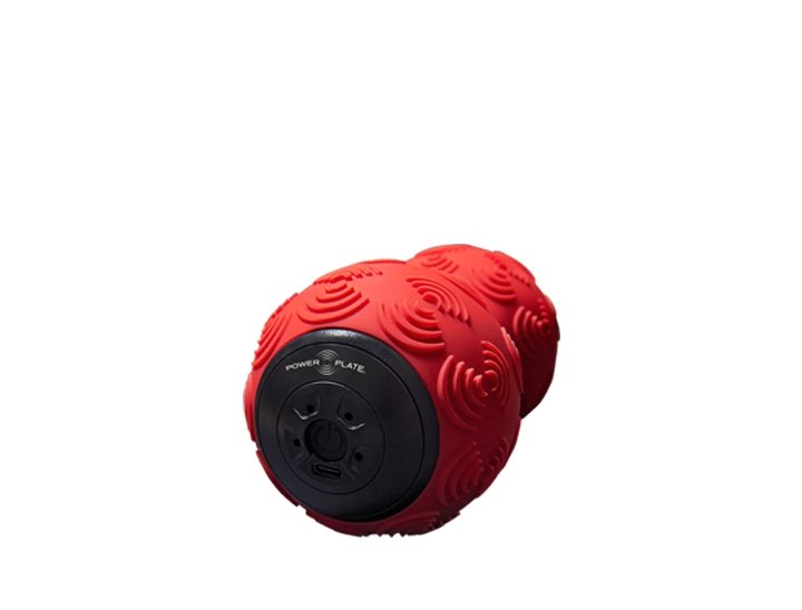 Power Plate DualSphere red massage tool with textured surface, designed for muscle recovery and pain relief therapy
