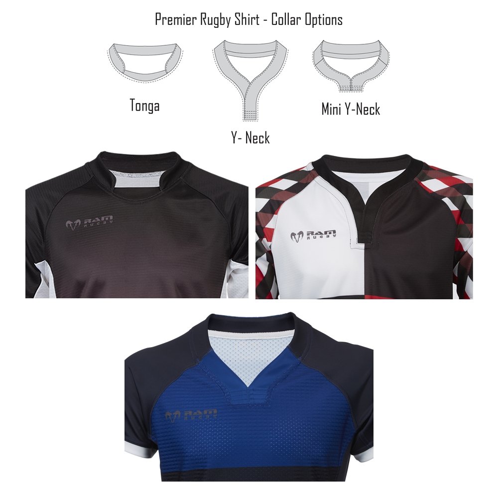 Ram Rugby Premier sublimated rugby shirt in navy with breathable pinhole fabric, raglan sleeves, and slim fit design.