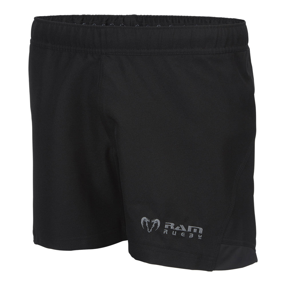 Ram Rugby Pro Rugby Shorts in black polyester twill with poly-elastane panels, durable and designed for performance and comfort