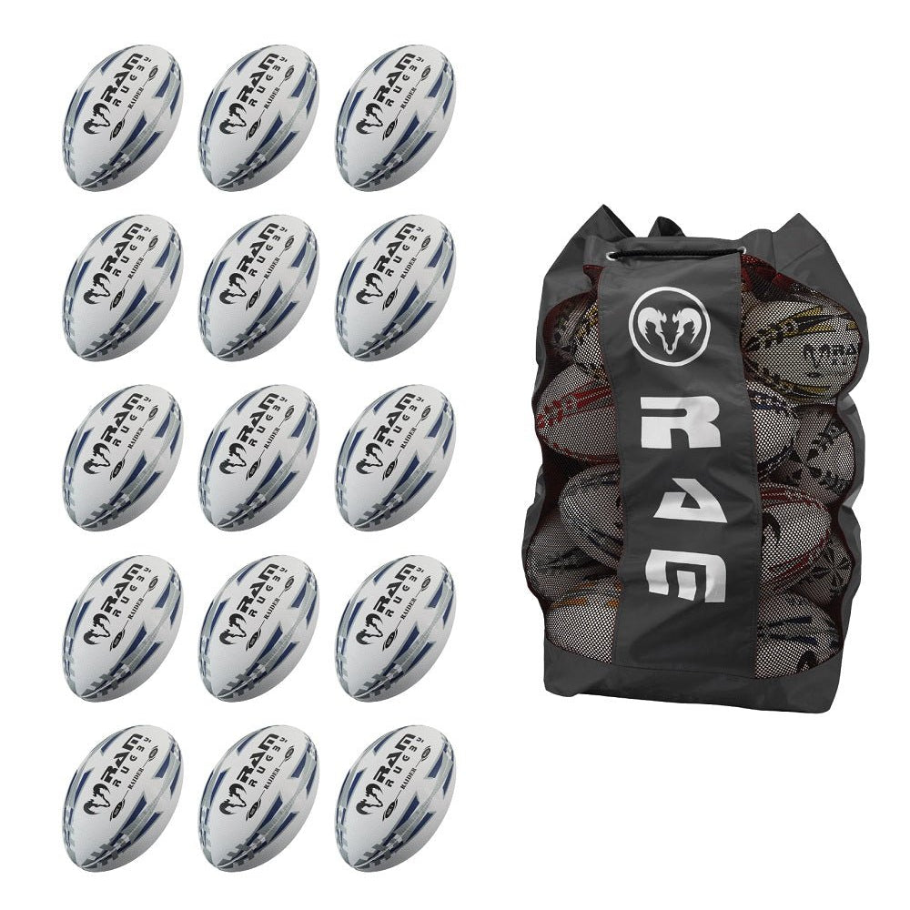 Ram Rugby Raider 2.0 Black Match Ball Bundle showing 15 black size 5 rugby balls neatly arranged with a breathable storage bag
