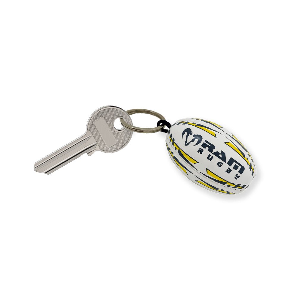 Ram Rugby yellow and black Softee soft PVC rugby ball keyring, 5cm fun keychain with cotton filling for a soft feel