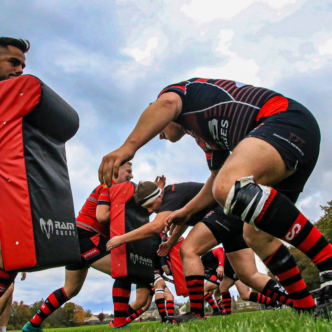 Ram Rugby Single Wedge Hit Shield Small in blue PVC with high-density foam, durable rugby training pad for youth players