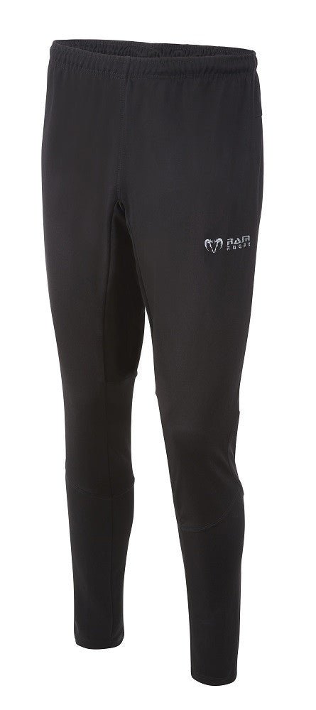 Ram Rugby custom skinny tapered tracksuit pants in black polyester with side zip pockets, perfect for athletic wear