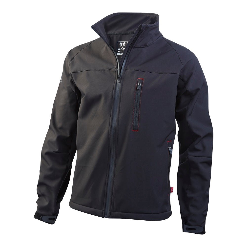 Ram Rugby Custom Softshell Jacket in black, waterproof breathable polyester with full zip and multiple practical pockets
