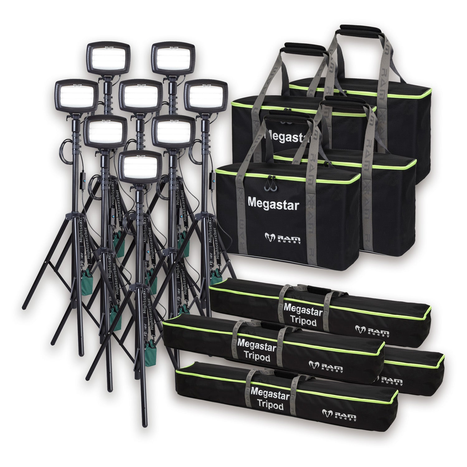 Nightsearcher Solaris Megastar 20K LED rechargeable floodlight showing adjustable lighting modes and weatherproof design outdoors