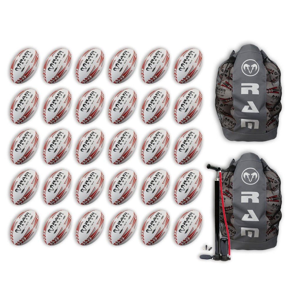 Thirty Ram Rugby Squad Trainer size 5 rugby balls stacked with two black breathable bags for team training storage and transport