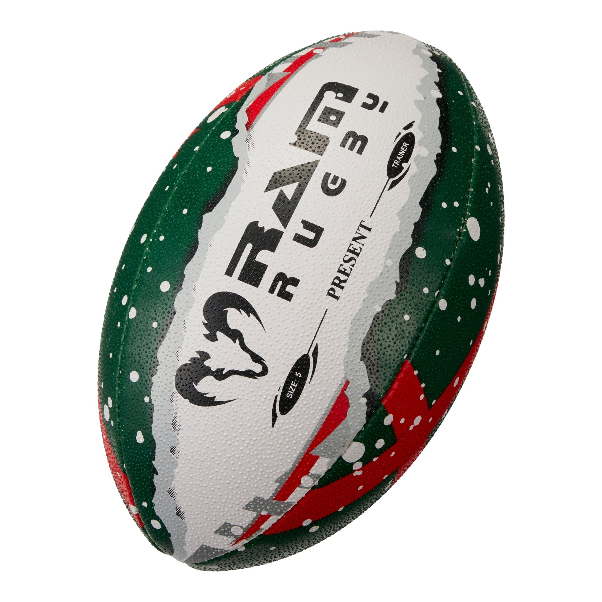 Ram Rugby Christmas Midi Squad Trainer Ball Size 2 with festive red and green design, ideal for holiday rugby training sessions