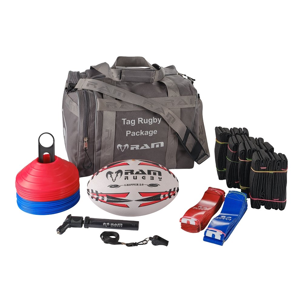 Ram Rugby Tag Rugby Package with size 5 ball, 20 tag belts, red and blue cones, pump, whistle, and carry bag