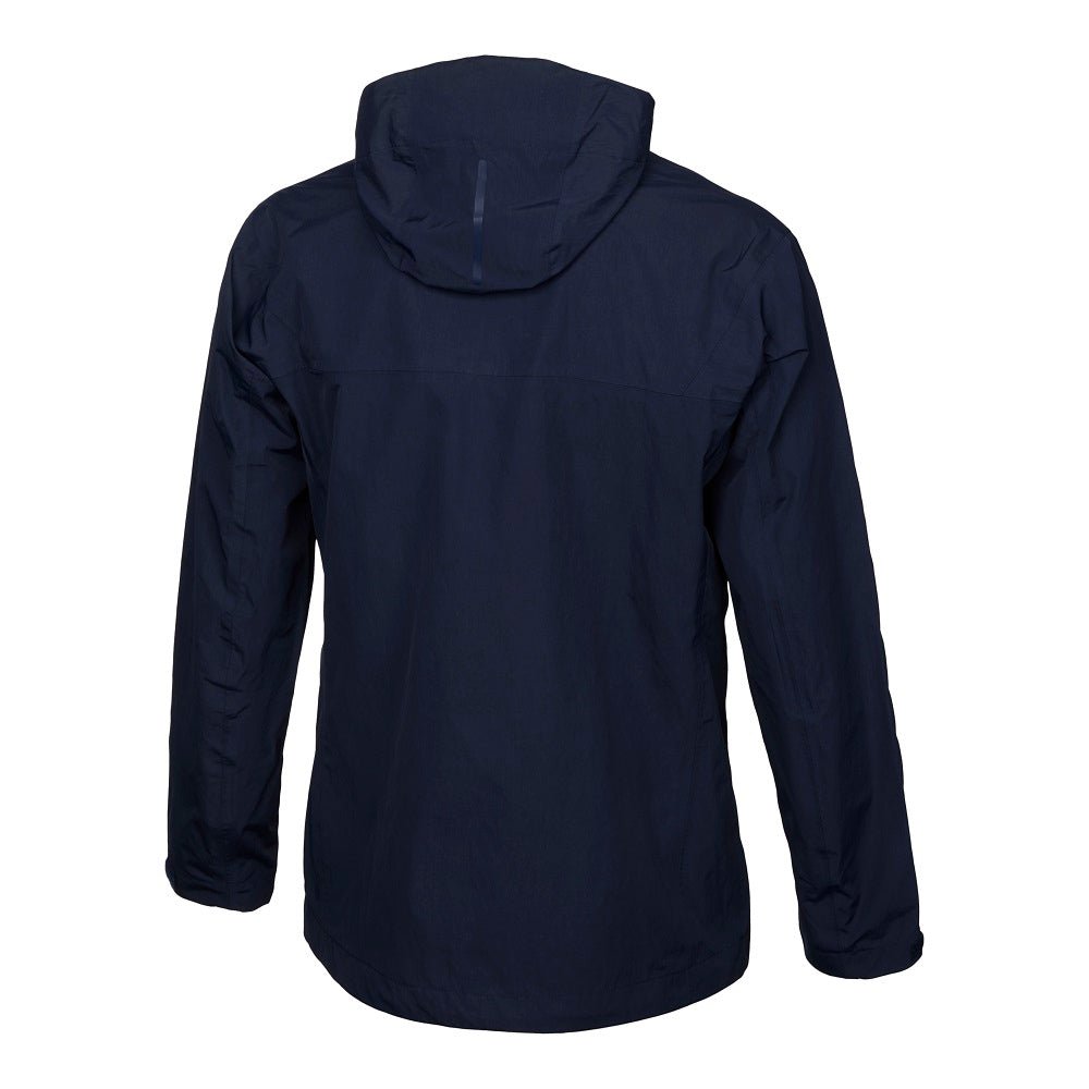 Ram Rugby Technical Shell Jacket in black softshell fabric with waterproof zippers, adjustable hood, and tailored fit for men