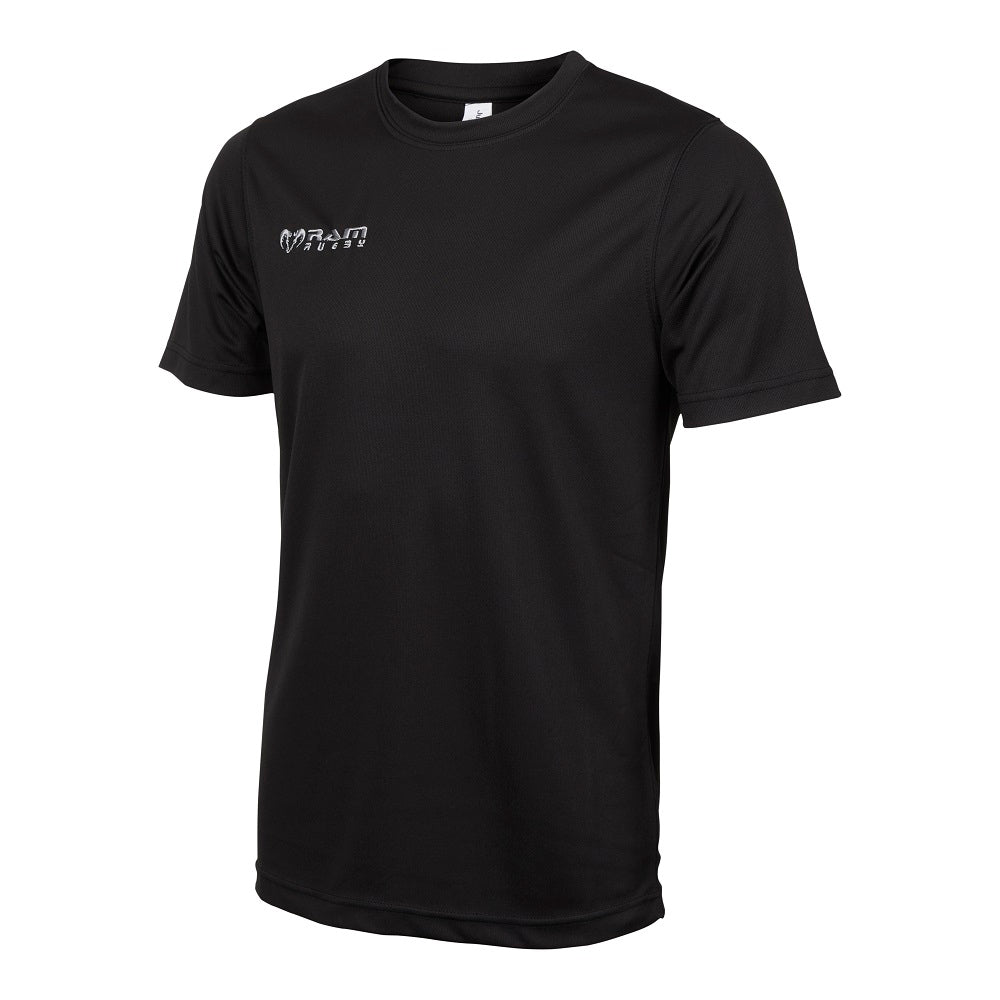 Ram Rugby Technical T-shirt in black polyester with moisture-wicking, lightweight fabric designed for active sports and training