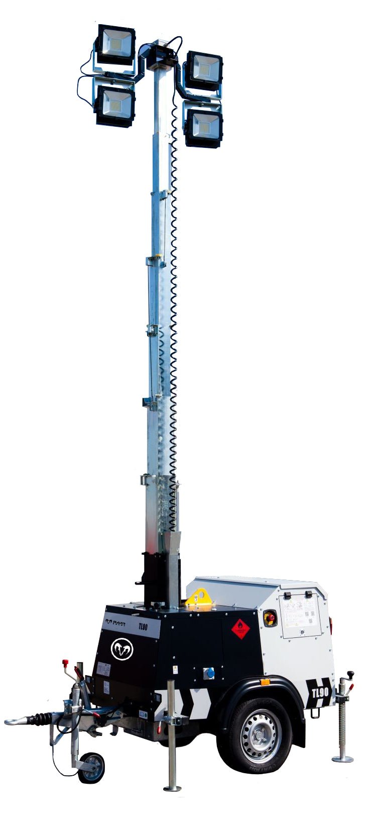 Ram Rugby TL-90 LED Floodlight with four 300W lights on a portable stand for high-performance outdoor sports lighting