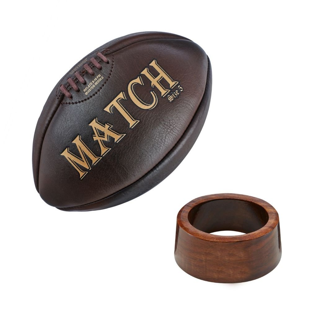 Ram Rugby Vintage Style Heritage Leather Rugby Ball in brown, size 5, classic embossed logo with traditional leather texture