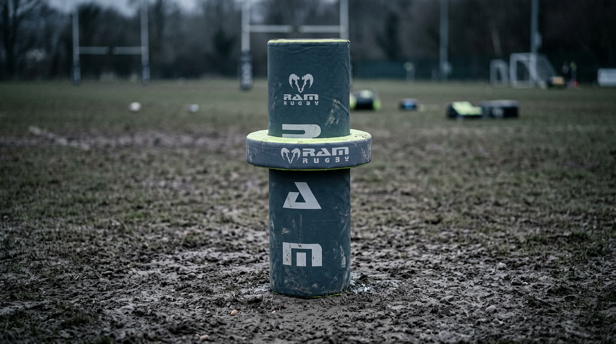 Well-used rugby tackle bag showing wear after years of training