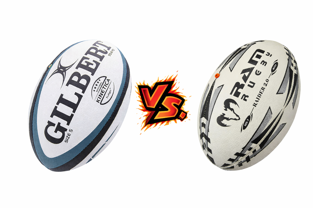 Rugby balls from several brands lined up for comparison