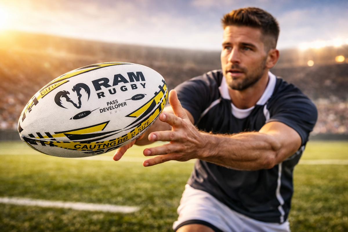 Player spinning a rugby ball sideways during a passing drill