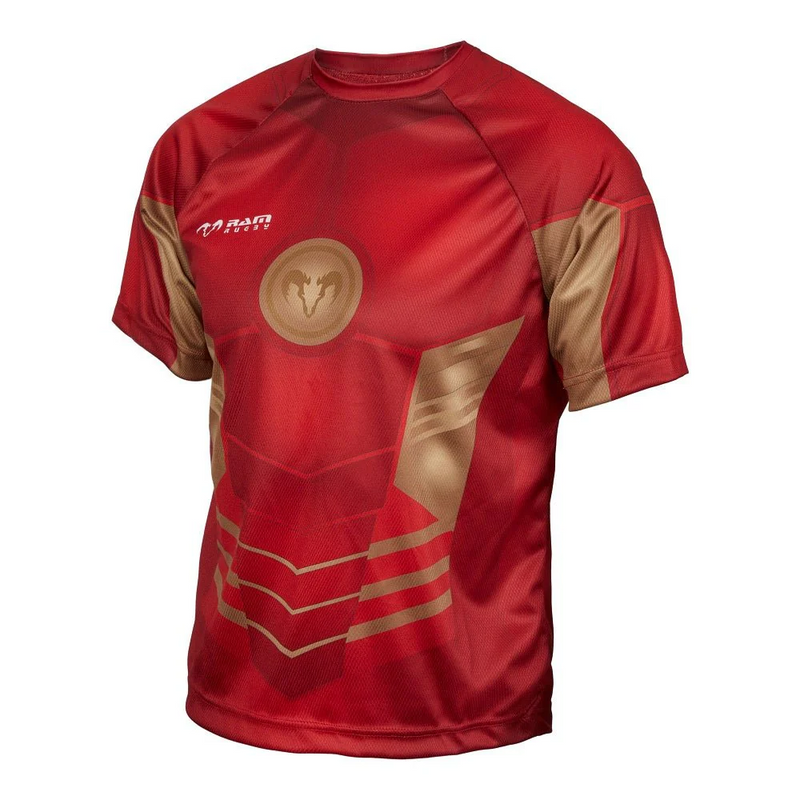 Men’s navy and white rugby shirts with red accents from RAM Rugby Matchday Clothing collection for teams and coaches