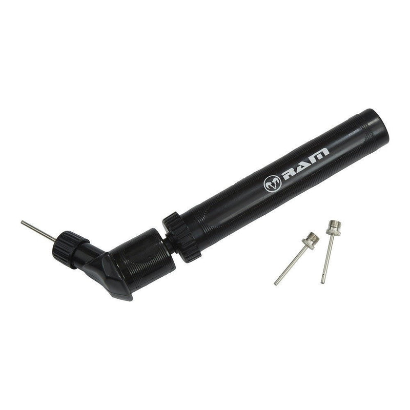Compact black and silver mini ball pump with needle nozzle, representing the Ball Pumps collection for sports equipment inflation.